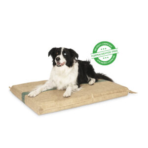 Border Collie sitting on a Superior Pet Goods chemical free hessian mat