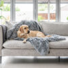 Golden dog sitting on a calming plush faux fur grey pet blanket on top of a couch