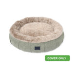 round faux fur luxury Harley dog bed in sage colour, raised sides, replacement cover