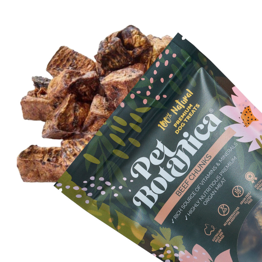 Pet Botanica natural dog treats 100% beef chunks packaging and treats