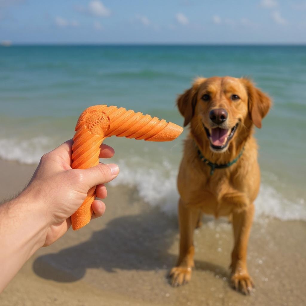 Golden retriever dog waiting for the doggi boomerang dog toy to be thrown