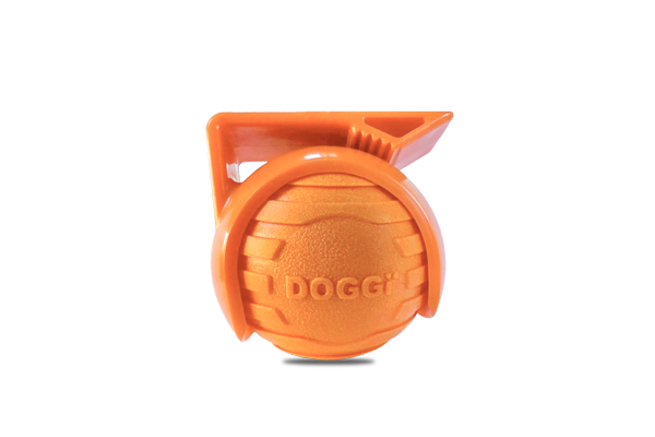 Orange dog ball toy with a handy holder that clips to your belt