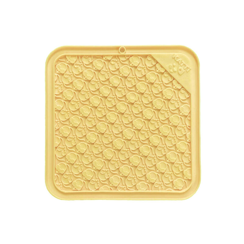 Katti lick mat in yellow with a fun mouse pattern