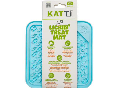Katti lick mat in blue fish design in packaging