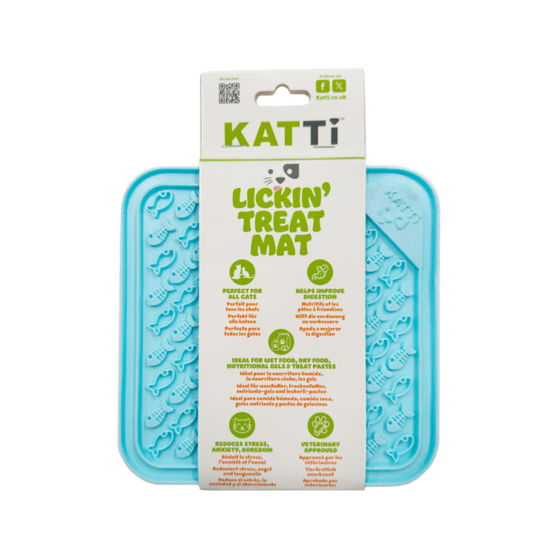 Katti lick mat in blue fish design in packaging