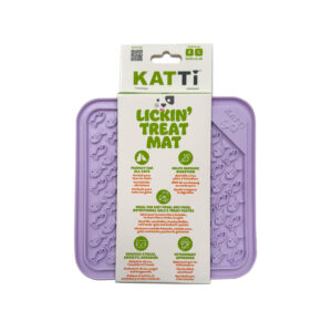Katti cat lick mat in fun purple fish design in packaging