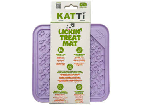 Katti cat lick mat in fun purple fish design in packaging