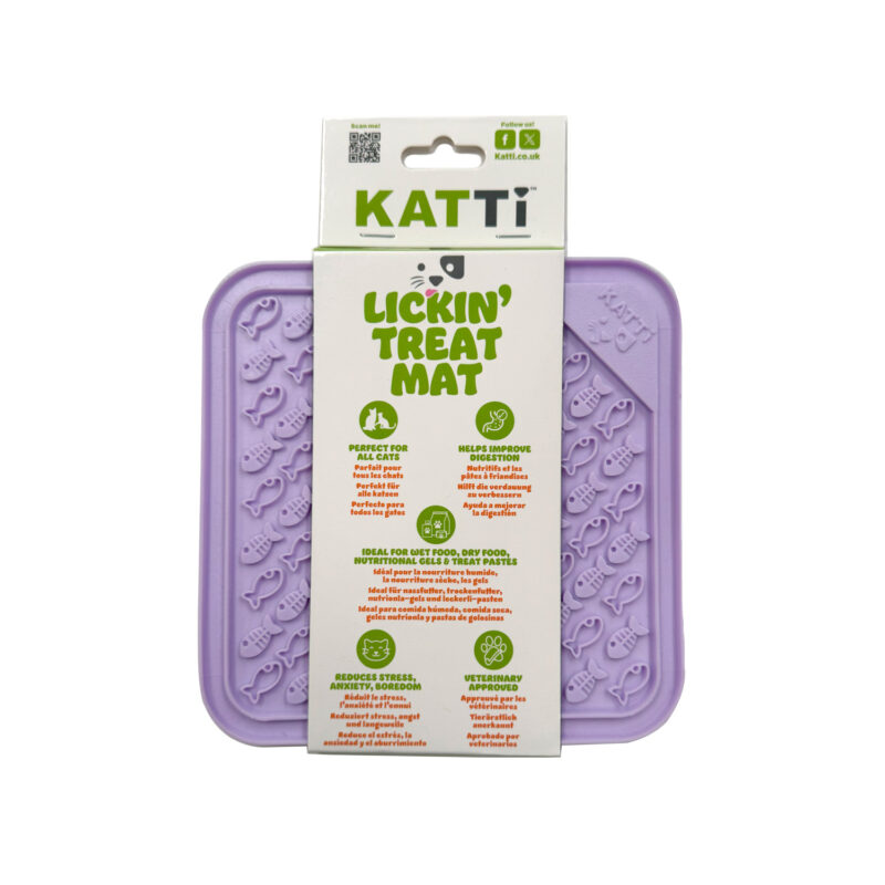 Katti cat lick mat in fun purple fish design in packaging