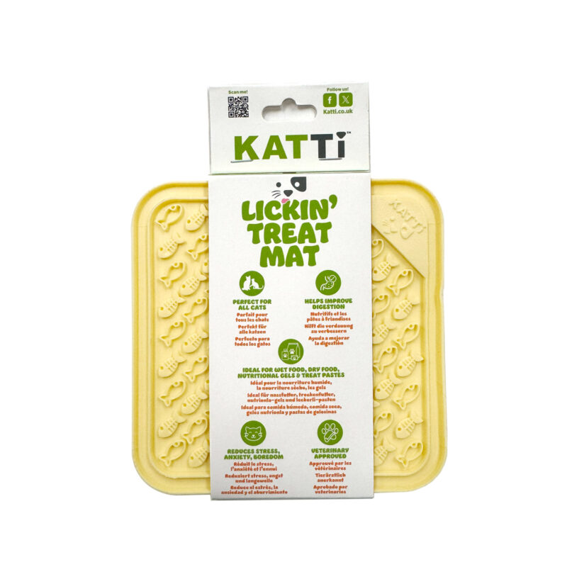 Katti cat lick mat in fun yellow fish design in packaging