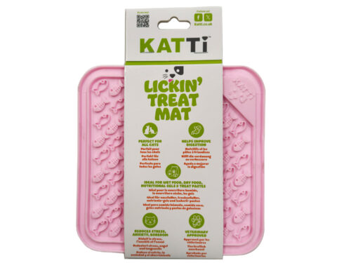 Katti cat lick mat in pink fish design in packaging