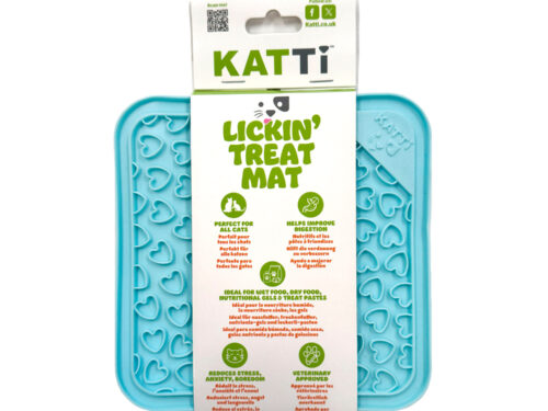 Katti cat lick mat in fun blue hearts design in packaging