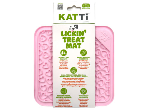 Katti cat lick mat in pink hearts design in packaging