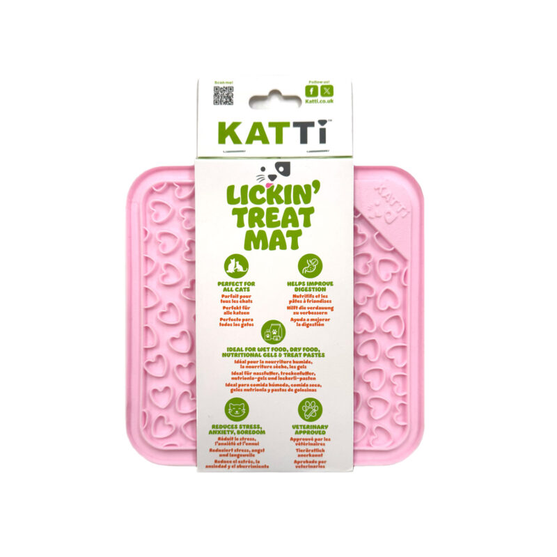Katti cat lick mat in pink hearts design in packaging