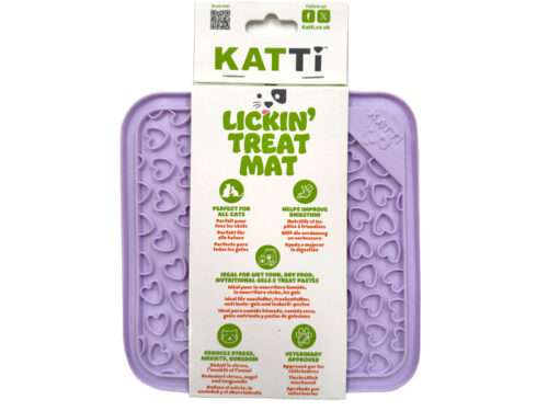 Katti cat lick mat in purple heart design in packaging