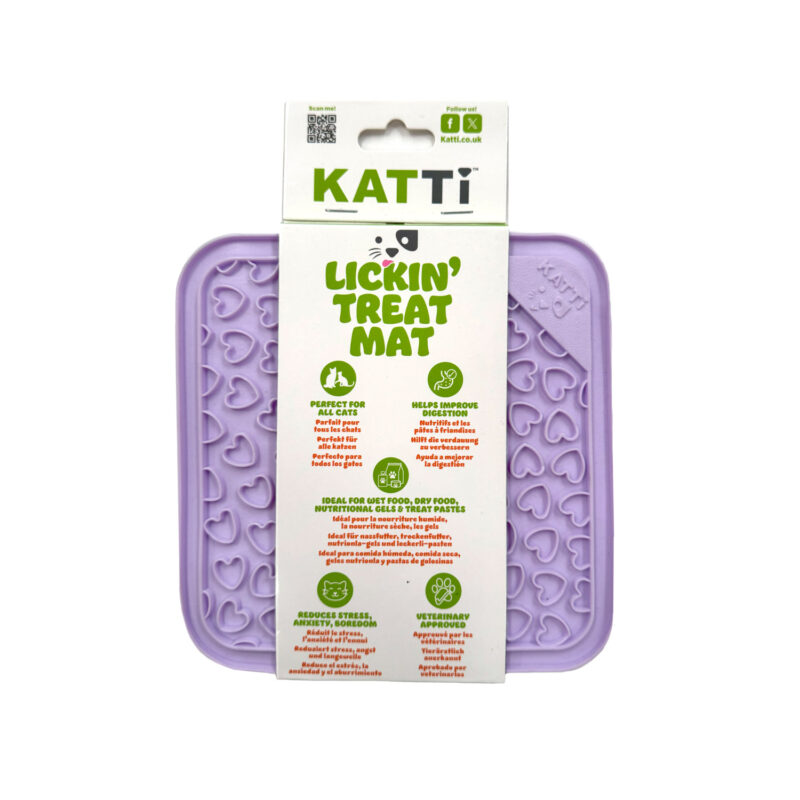 Katti cat lick mat in purple heart design in packaging