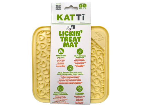 Katti cat lick mat in fun yellow heart design in packaging