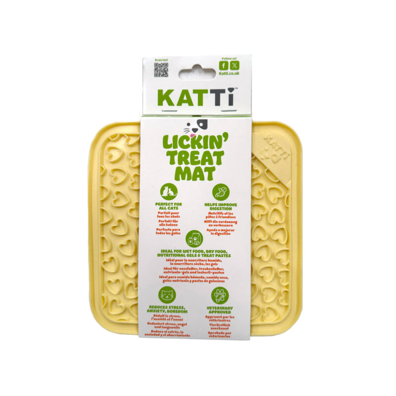 Katti cat lick mat in fun yellow heart design in packaging