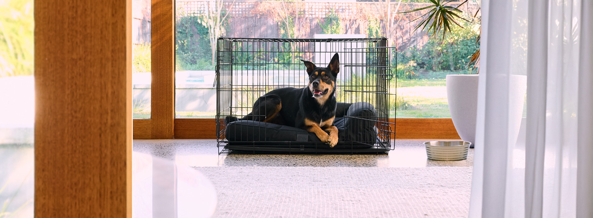 black and tan dog laying on a snugside crate bed inside a crate