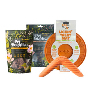 A bundle of Pet Botanica Beef Chunks, lamb puffs and a Doggi Lick Mat and Boomerang toy