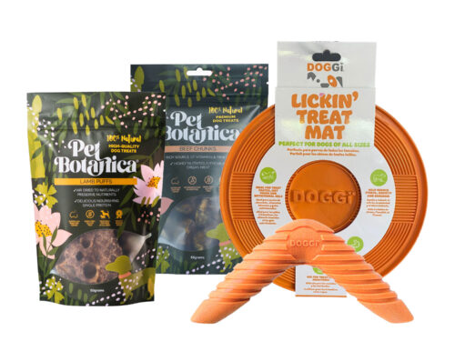 A bundle of Pet Botanica Beef Chunks, lamb puffs and a Doggi Lick Mat and Boomerang toy