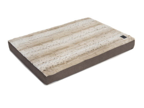 Dog mat with brown fabric sides and a plush light brown brindle top