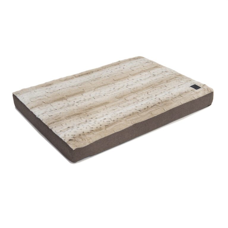 Dog mat with brown fabric sides and a plush light brown brindle top